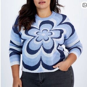 Just Polly Sz 1X (runs small) Blue and White Floral Pattern Acrylic Sweater EUC